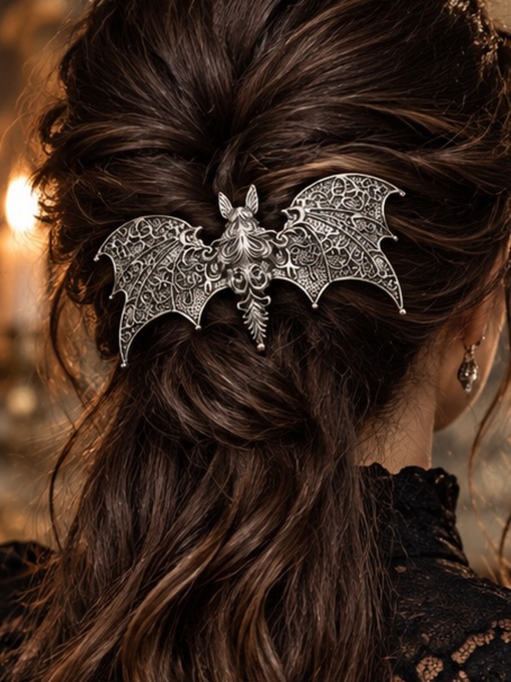Gothic Bat Hair Barrette Silver Filigree Fantasy Hair Clip